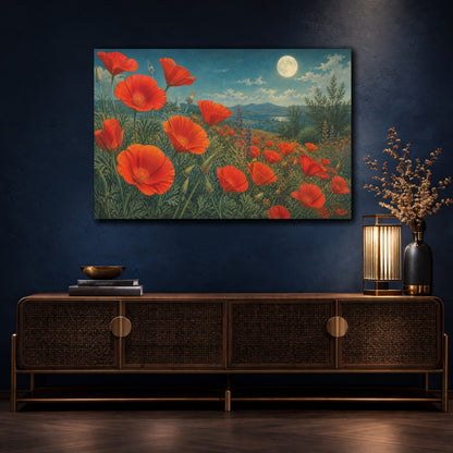 Mockup 4. Vintage Botanical Illustration Field Of Red California Poppies Under Moonlit Air shown as stretched canvas wall art
