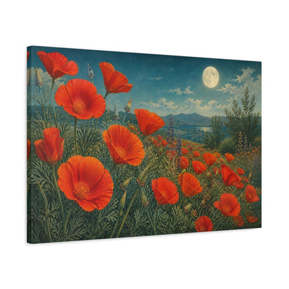 Side Mockup 2. Vintage Botanical Illustration Field Of Red California Poppies Under Moonlit Air shown as stretched canvas wall art