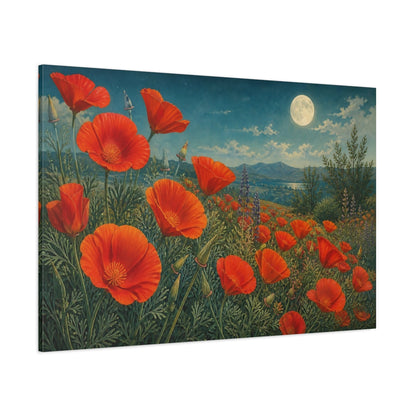 Side Mockup 1. Vintage Botanical Illustration Field Of Red California Poppies Under Moonlit Air shown as stretched canvas wall art