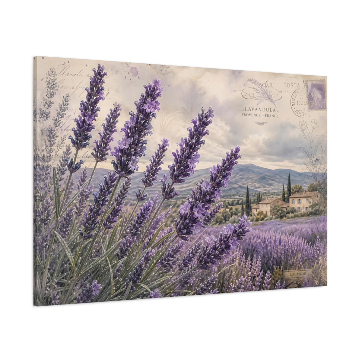 Side Mockup 1. Vintage Botanical Illustration Lavender Across Provence Field After Rain shown as stretched canvas wall art