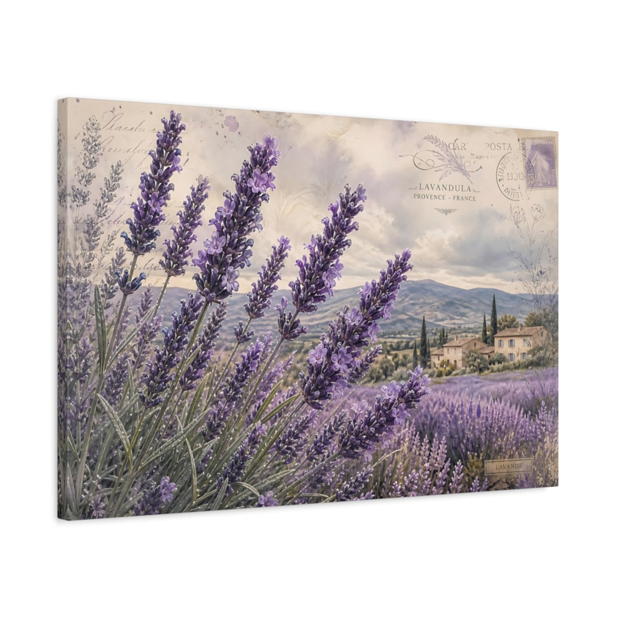 Side Mockup 2. Vintage Botanical Illustration Lavender Across Provence Field After Rain shown as stretched canvas wall art