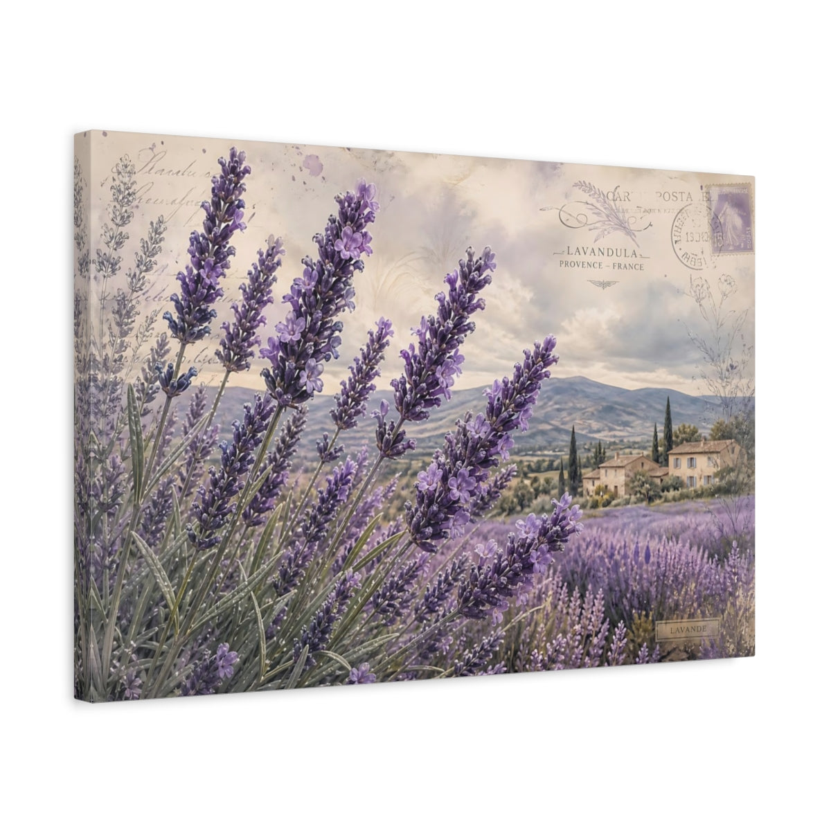 Side Mockup 3. Vintage Botanical Illustration Lavender Across Provence Field After Rain shown as stretched canvas wall art