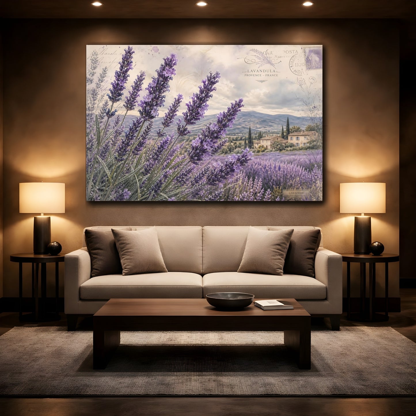 Mockup 2. Vintage Botanical Illustration Lavender Across Provence Field After Rain shown as stretched canvas wall art