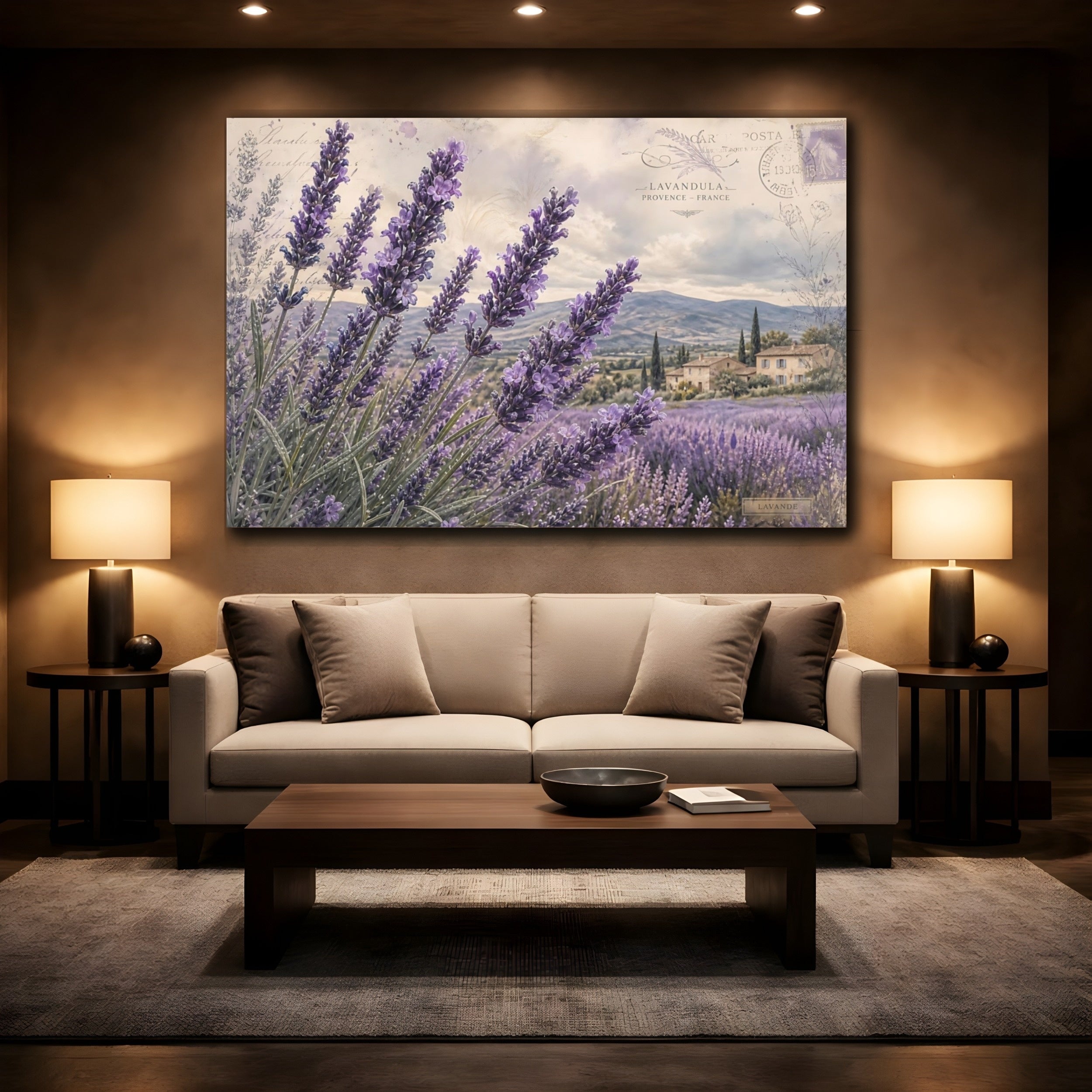 Mockup 2. Vintage Botanical Illustration Lavender Across Provence Field After Rain shown as stretched canvas wall art