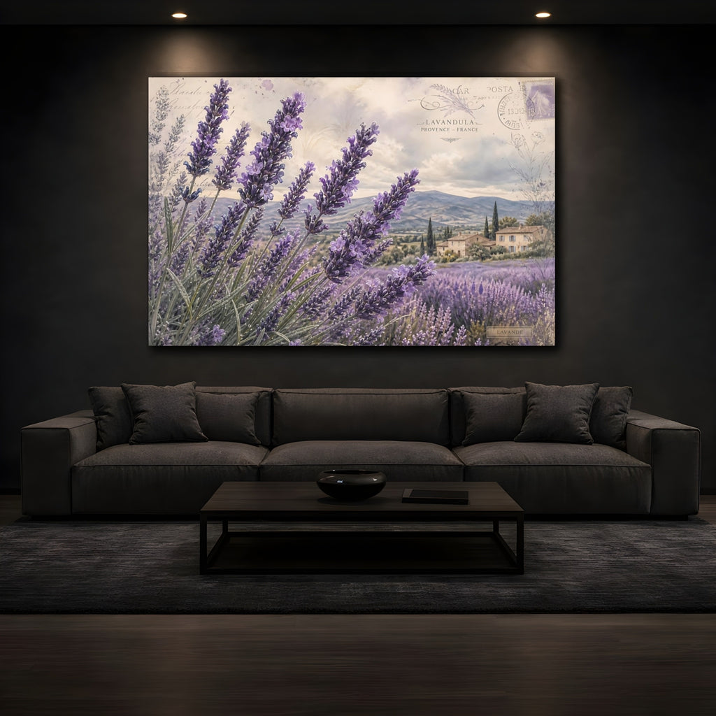 Mockup 3. Vintage Botanical Illustration Lavender Across Provence Field After Rain shown as stretched canvas wall art