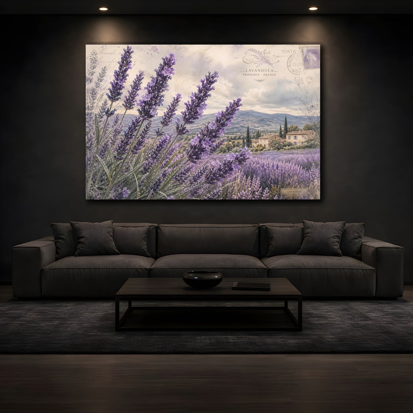 Mockup 3. Vintage Botanical Illustration Lavender Across Provence Field After Rain shown as stretched canvas wall art