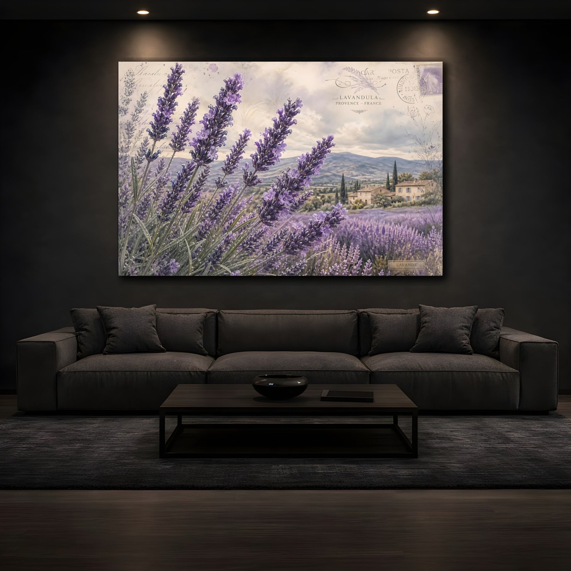 Mockup 3. Vintage Botanical Illustration Lavender Across Provence Field After Rain shown as stretched canvas wall art