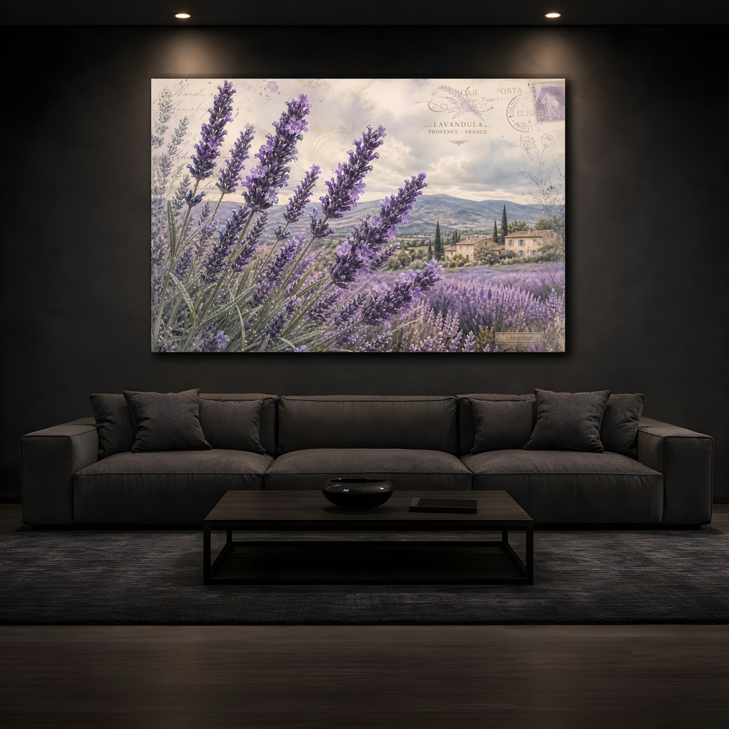 Mockup 3. Vintage Botanical Illustration Lavender Across Provence Field After Rain shown as stretched canvas wall art