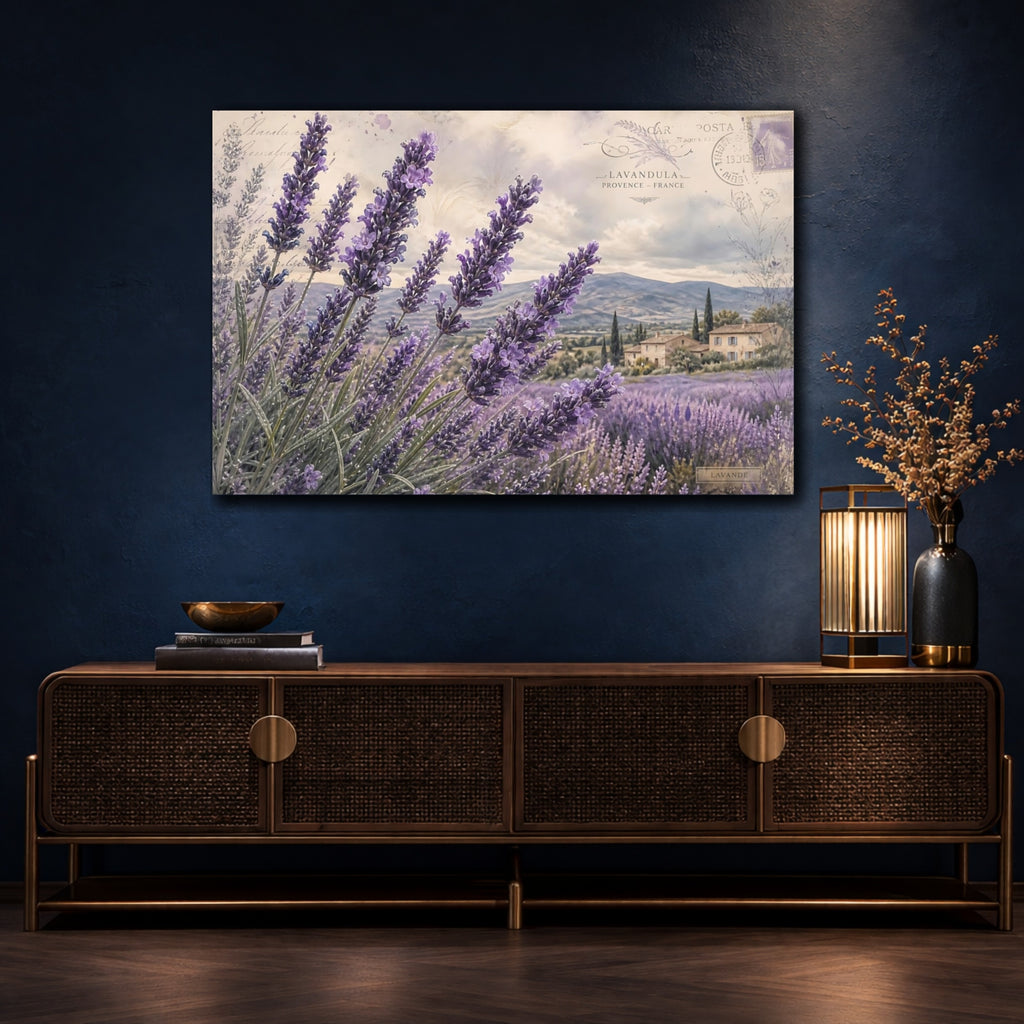 Mockup 4. Vintage Botanical Illustration Lavender Across Provence Field After Rain shown as stretched canvas wall art