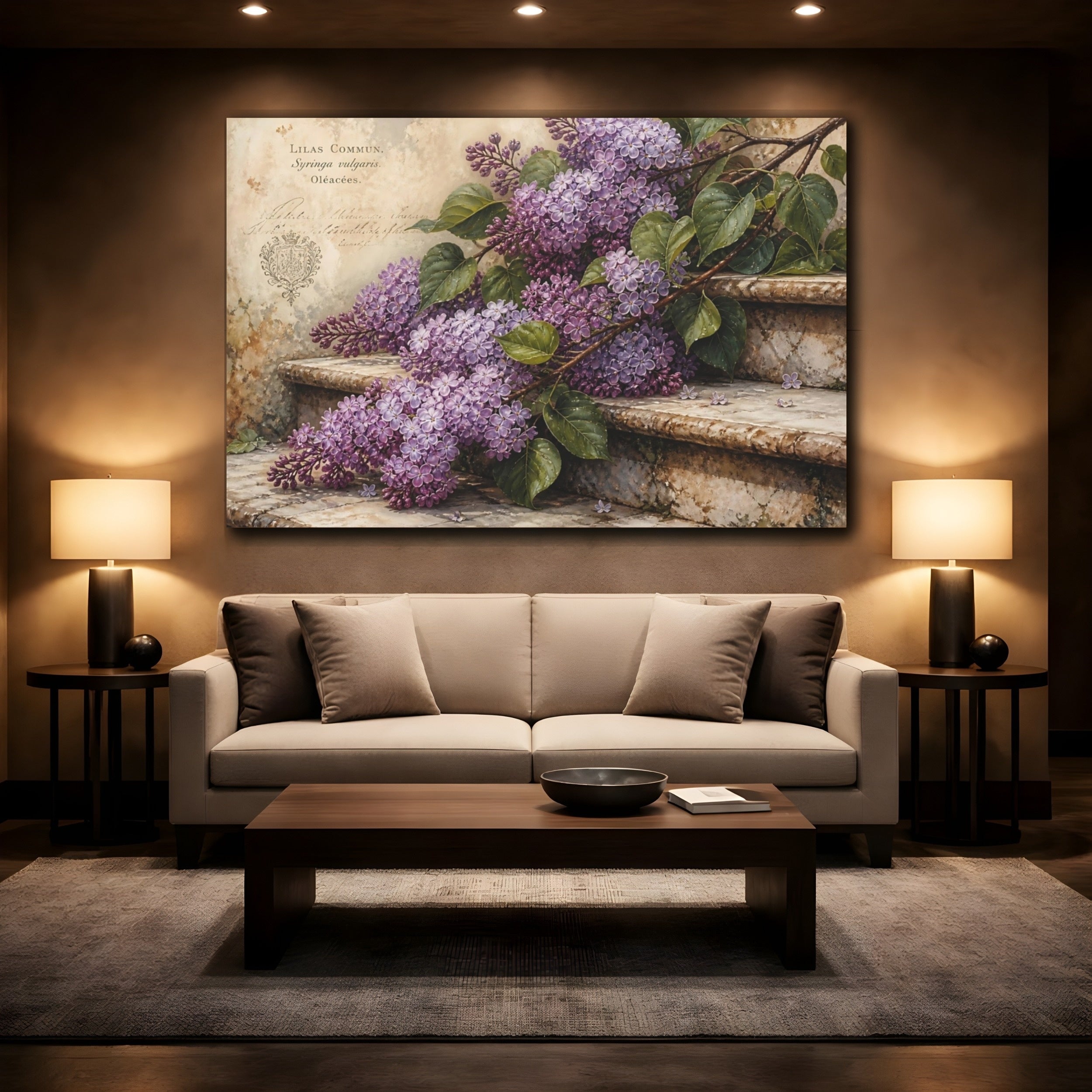 Mockup 2. Vintage Botanical Illustration Lilac Branches Above Stone Steps With Dew Drops shown as stretched canvas wall art