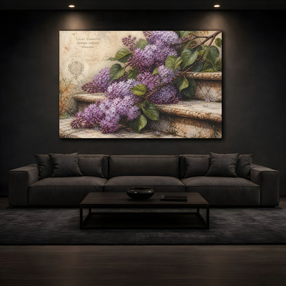 Mockup 3. Vintage Botanical Illustration Lilac Branches Above Stone Steps With Dew Drops shown as stretched canvas wall art