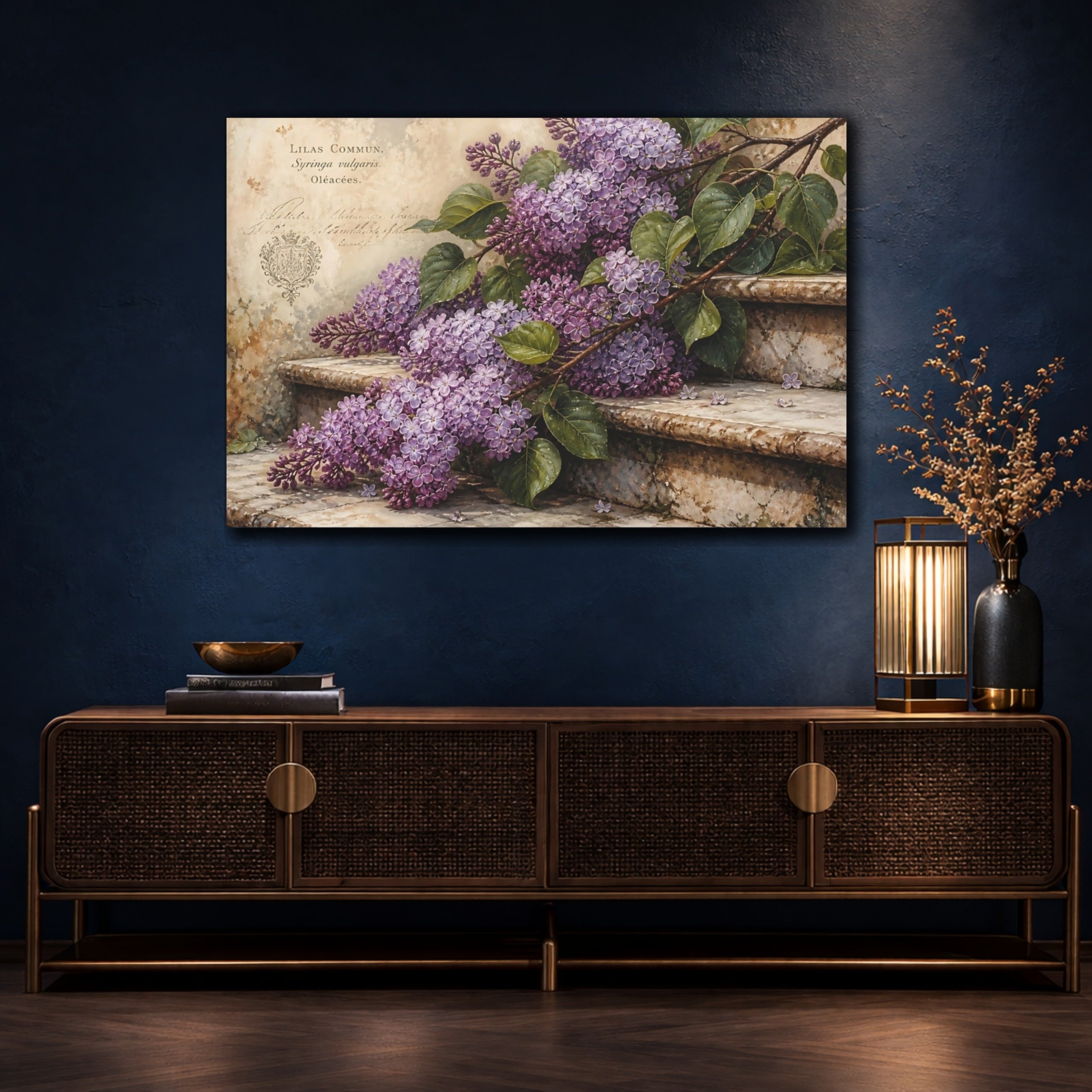 Mockup 4. Vintage Botanical Illustration Lilac Branches Above Stone Steps With Dew Drops shown as stretched canvas wall art
