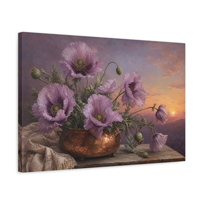 Side Mockup 3. Vintage Botanical Illustration Lilac Poppies In Copper Pot Twilight Calm shown as stretched canvas wall art