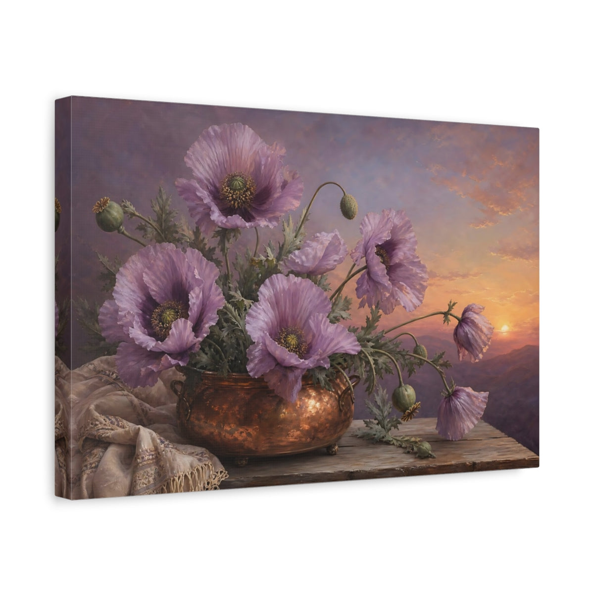 Side Mockup 4. Vintage Botanical Illustration Lilac Poppies In Copper Pot Twilight Calm shown as stretched canvas wall art