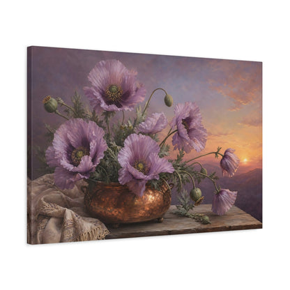Side Mockup 2. Vintage Botanical Illustration Lilac Poppies In Copper Pot Twilight Calm shown as stretched canvas wall art