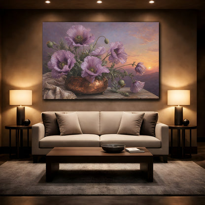 Mockup 2. Vintage Botanical Illustration Lilac Poppies In Copper Pot Twilight Calm shown as stretched canvas wall art