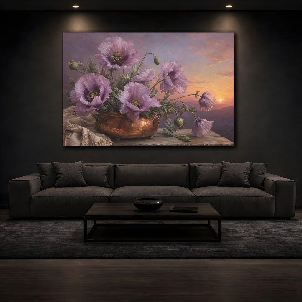 Mockup 3. Vintage Botanical Illustration Lilac Poppies In Copper Pot Twilight Calm shown as stretched canvas wall art