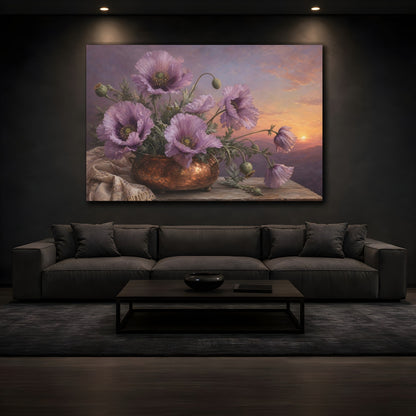 Mockup 3. Vintage Botanical Illustration Lilac Poppies In Copper Pot Twilight Calm shown as stretched canvas wall art