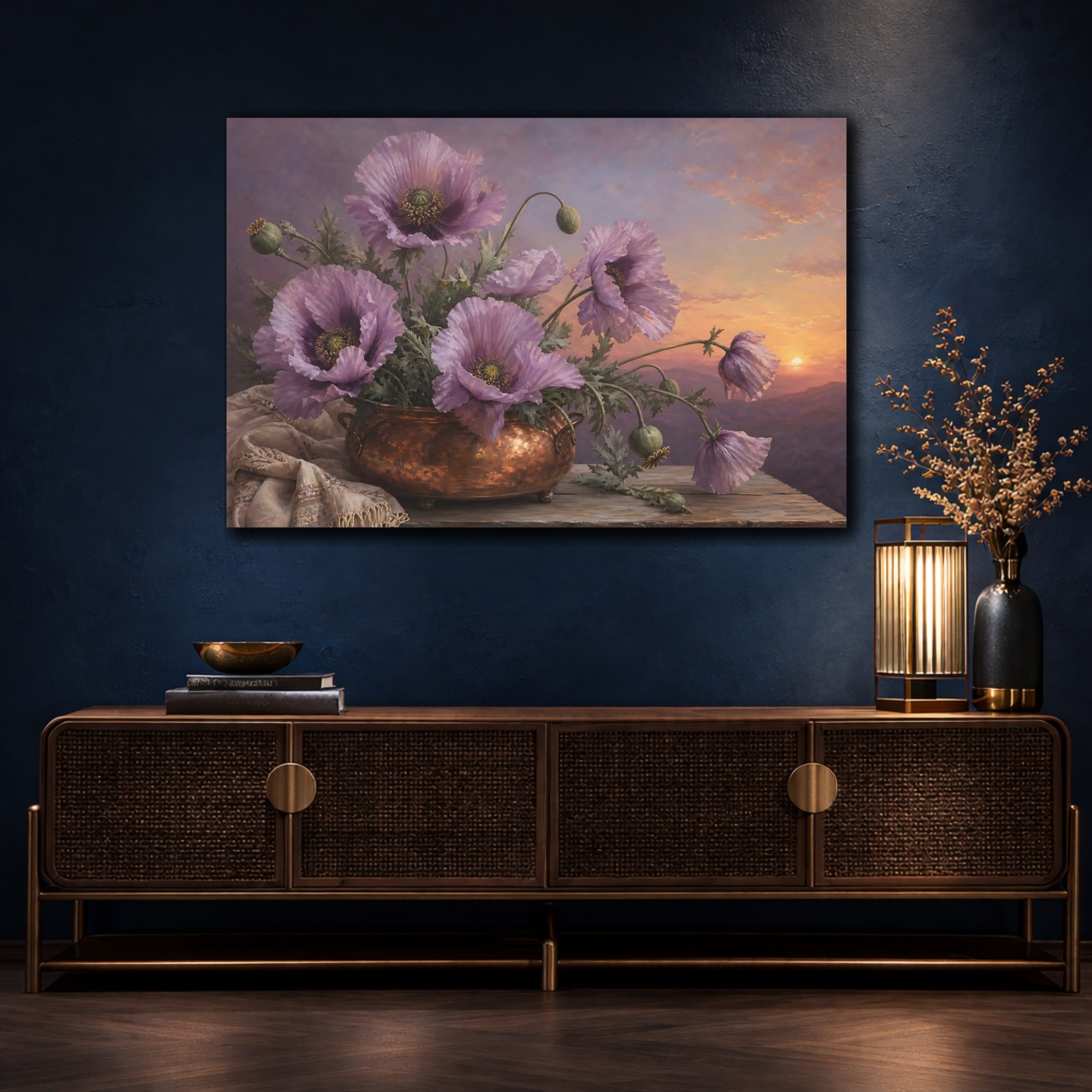 Mockup 4. Vintage Botanical Illustration Lilac Poppies In Copper Pot Twilight Calm shown as stretched canvas wall art