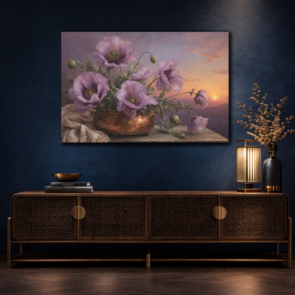 Mockup 4. Vintage Botanical Illustration Lilac Poppies In Copper Pot Twilight Calm shown as stretched canvas wall art