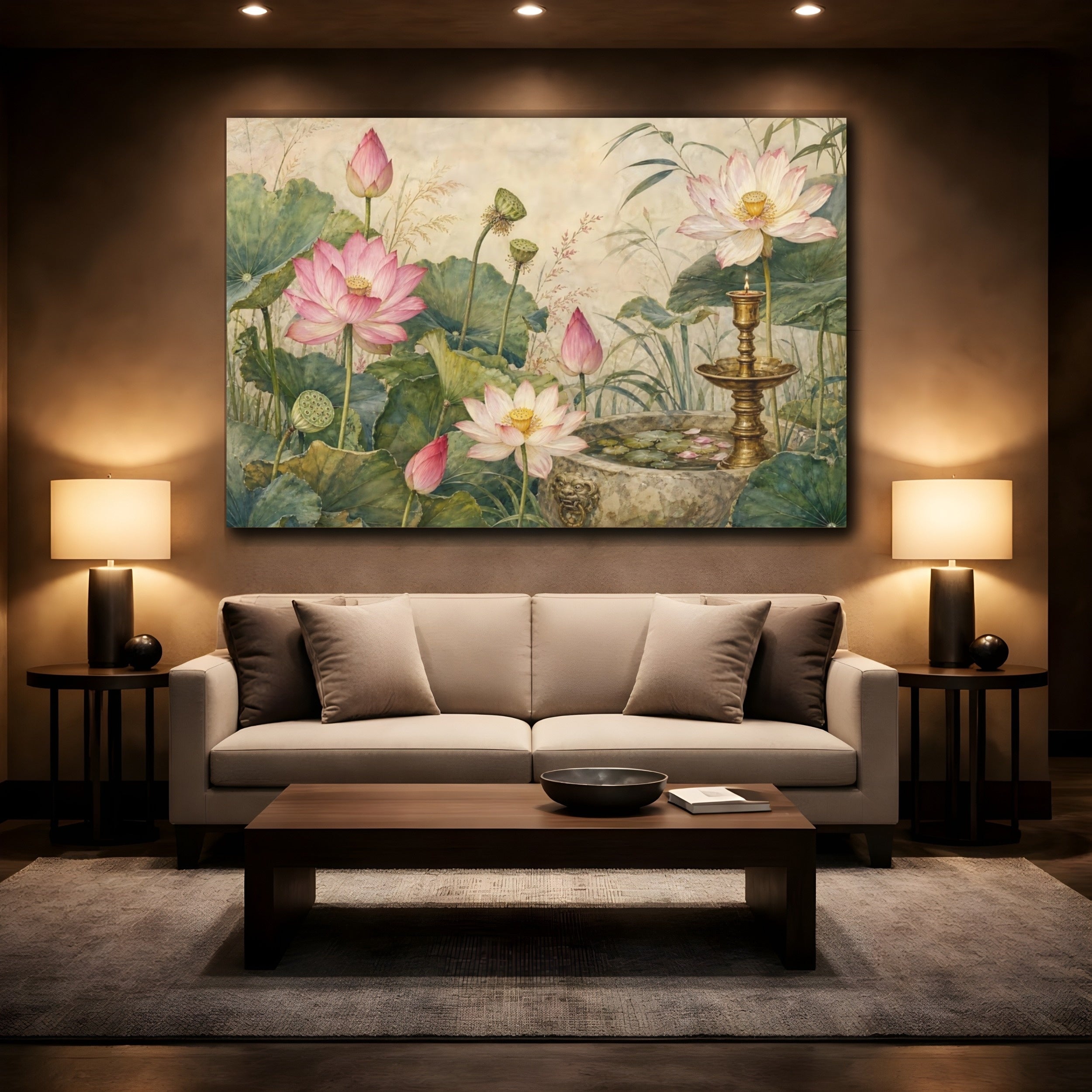 Mockup 2. Vintage Botanical Illustration Lotus Flowers With Brass Candlestick Near Stone Basin shown as stretched canvas wall art