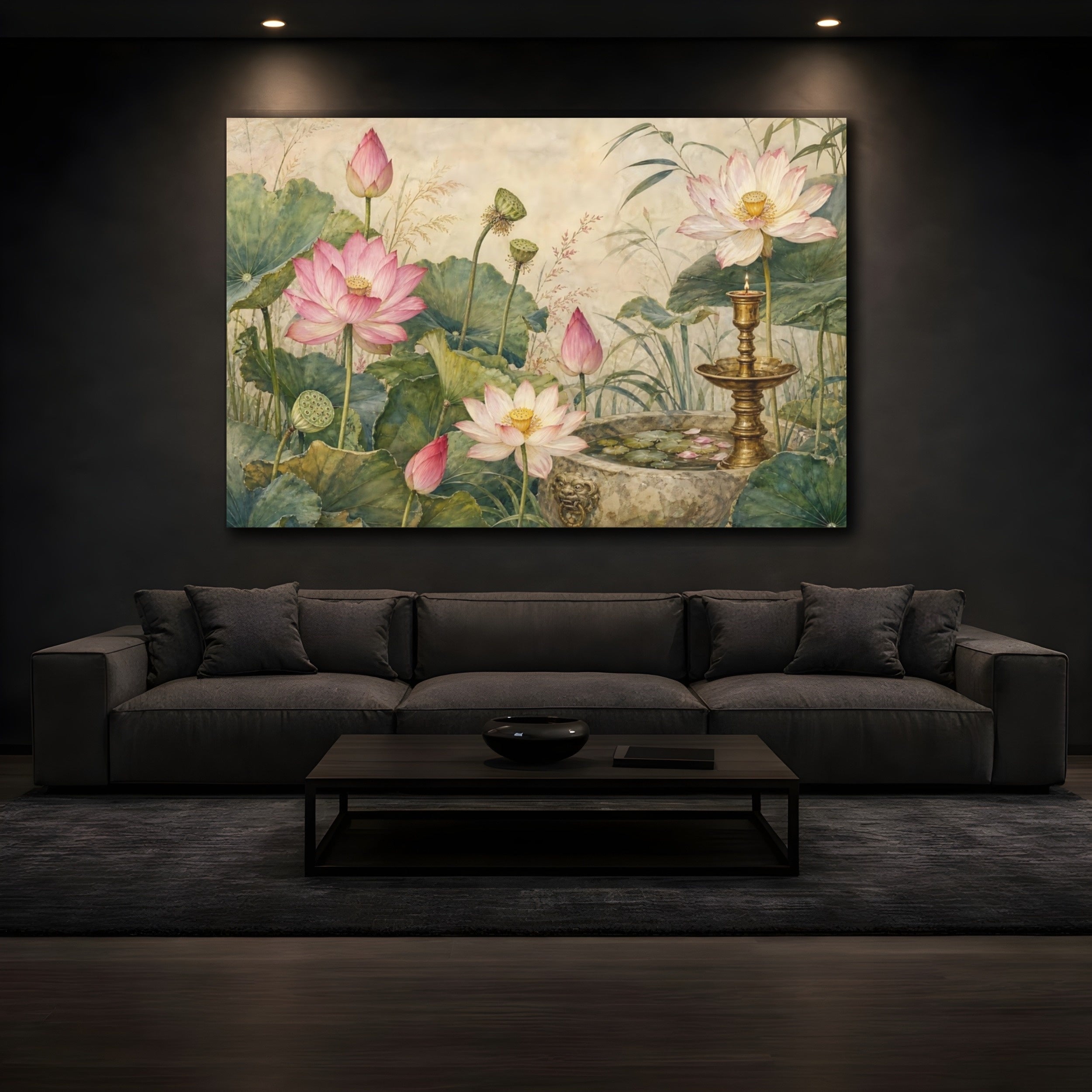 Mockup 3. Vintage Botanical Illustration Lotus Flowers With Brass Candlestick Near Stone Basin shown as stretched canvas wall art