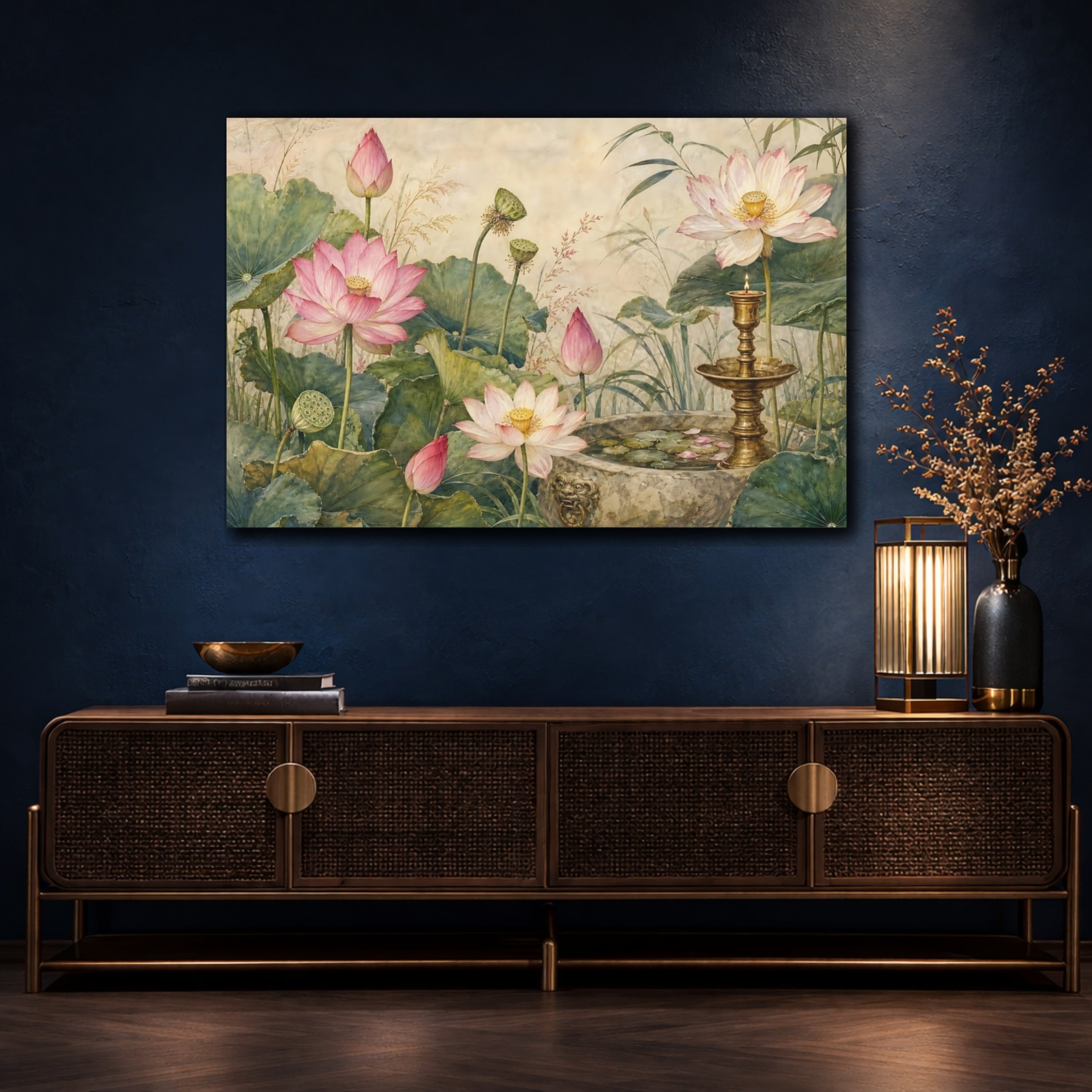 Mockup 4. Vintage Botanical Illustration Lotus Flowers With Brass Candlestick Near Stone Basin shown as stretched canvas wall art