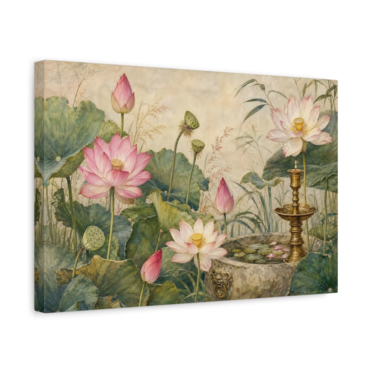 Side Mockup 4. Vintage Botanical Illustration Lotus Flowers With Brass Candlestick Near Stone Basin shown as stretched canvas wall art