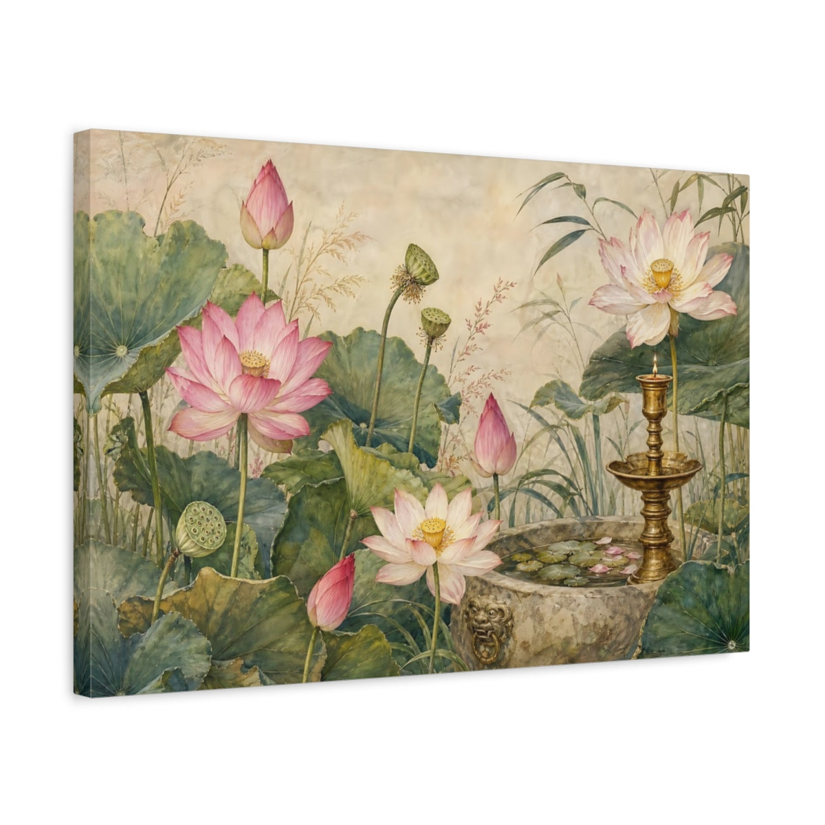 Side Mockup 3. Vintage Botanical Illustration Lotus Flowers With Brass Candlestick Near Stone Basin shown as stretched canvas wall art