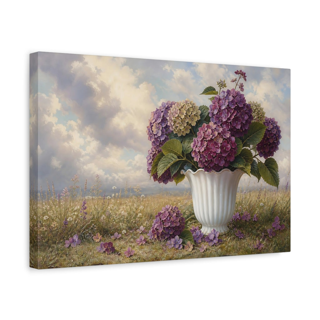 Side Mockup 4. Vintage Botanical Illustration Plum Hydrangeas In Milk Glass Vase Beside Fallen Petals shown as stretched canvas wall art