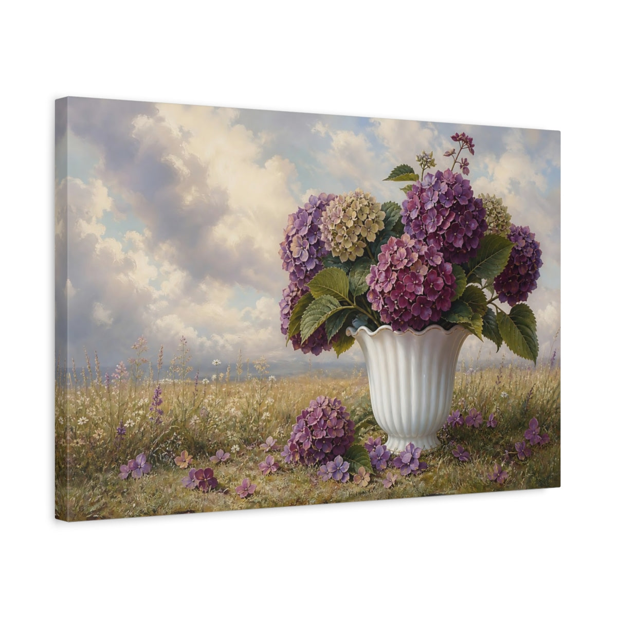 Side Mockup 3. Vintage Botanical Illustration Plum Hydrangeas In Milk Glass Vase Beside Fallen Petals shown as stretched canvas wall art