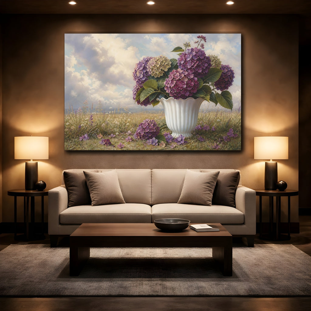 Mockup 2. Vintage Botanical Illustration Plum Hydrangeas In Milk Glass Vase Beside Fallen Petals shown as stretched canvas wall art