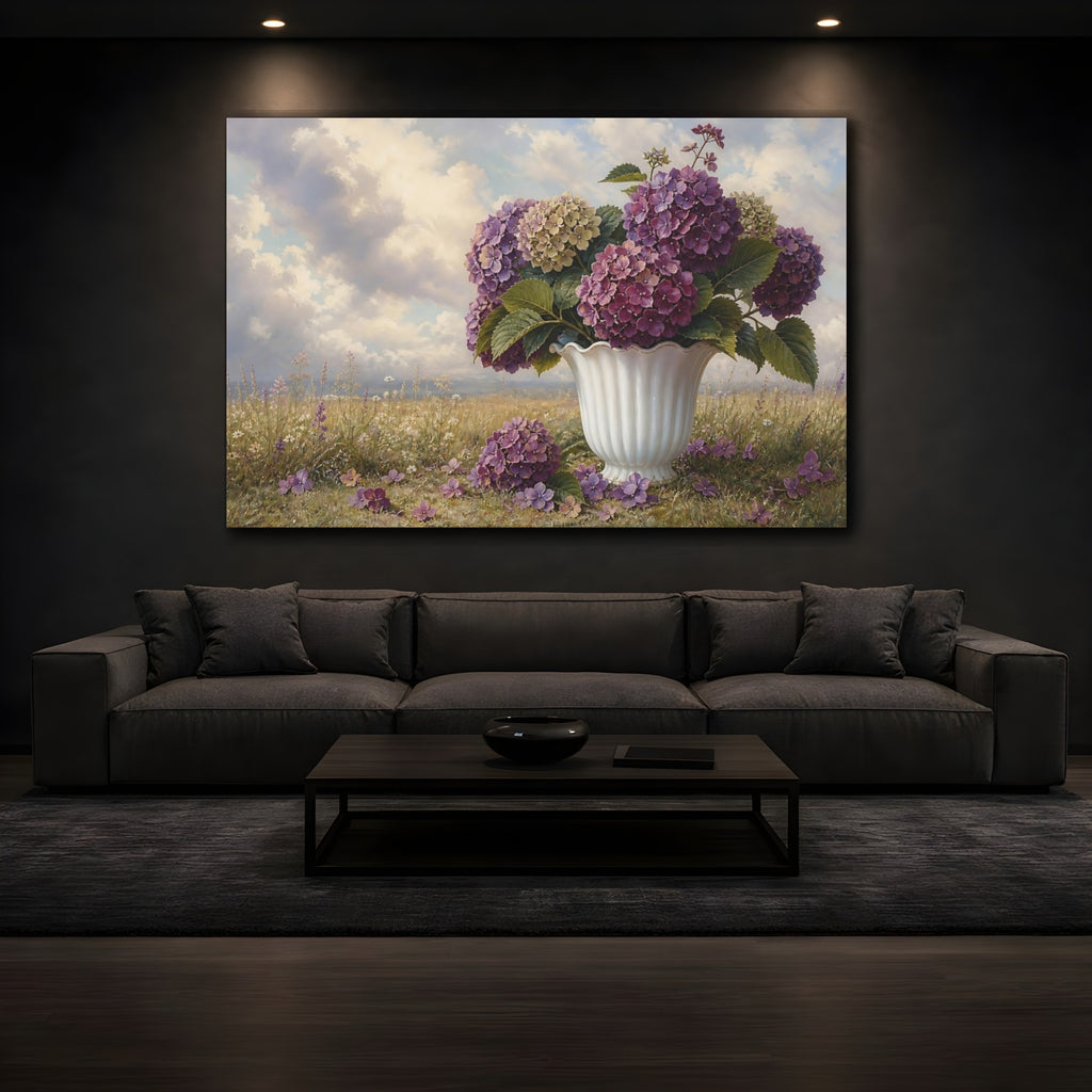 Mockup 3. Vintage Botanical Illustration Plum Hydrangeas In Milk Glass Vase Beside Fallen Petals shown as stretched canvas wall art