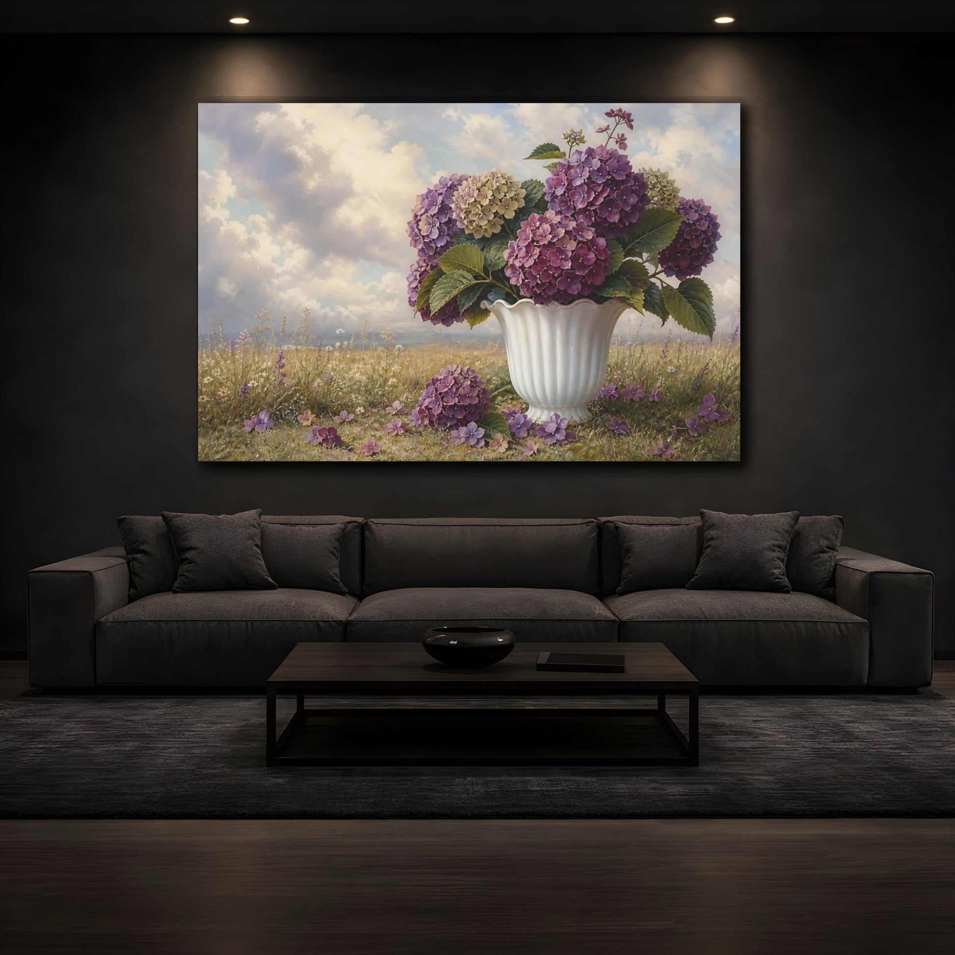 Mockup 3. Vintage Botanical Illustration Plum Hydrangeas In Milk Glass Vase Beside Fallen Petals shown as stretched canvas wall art