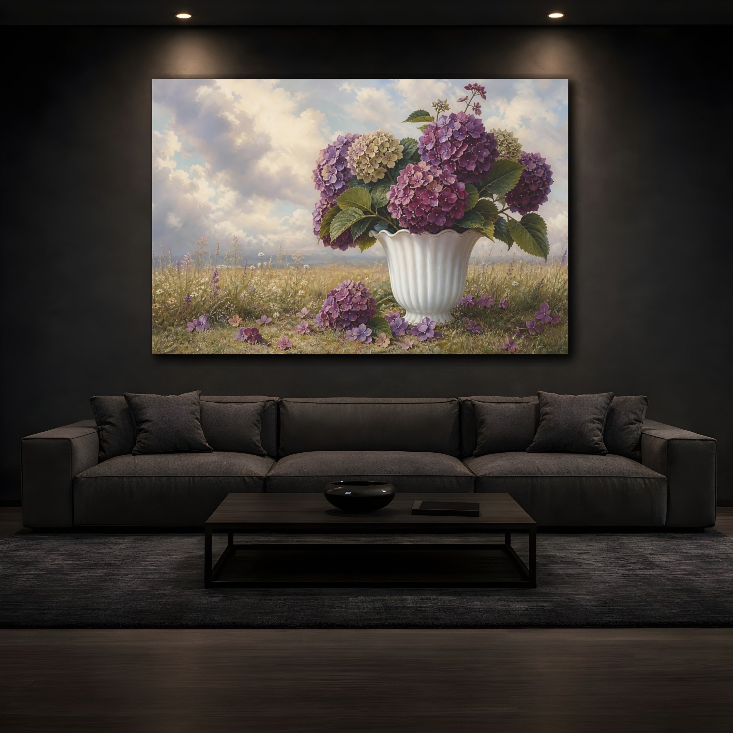 Mockup 3. Vintage Botanical Illustration Plum Hydrangeas In Milk Glass Vase Beside Fallen Petals shown as stretched canvas wall art