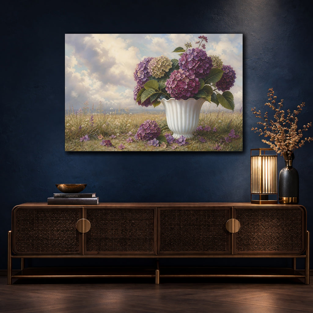 Mockup 4. Vintage Botanical Illustration Plum Hydrangeas In Milk Glass Vase Beside Fallen Petals shown as stretched canvas wall art