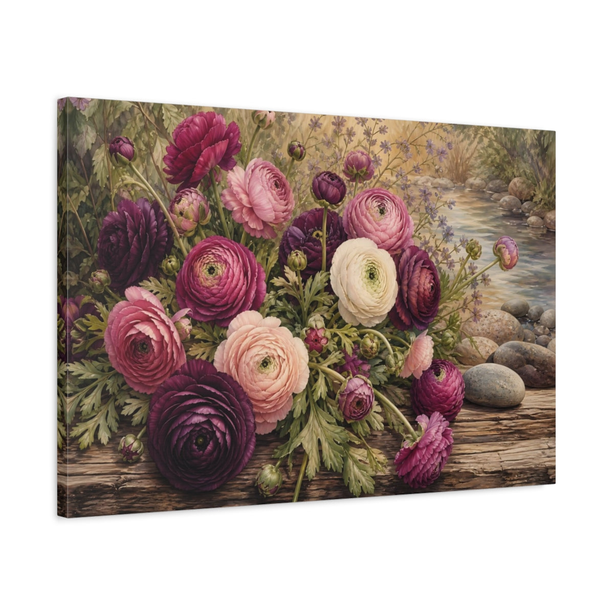 Side Mockup 2. Vintage Botanical Illustration Plum Ranunculus Beside River Stones On Wooden Bench shown as stretched canvas wall art