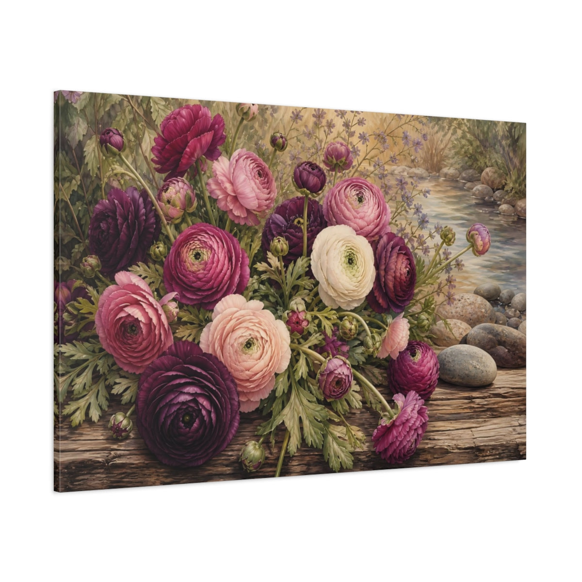 Side Mockup 1. Vintage Botanical Illustration Plum Ranunculus Beside River Stones On Wooden Bench shown as stretched canvas wall art