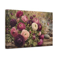 Side Mockup 4. Vintage Botanical Illustration Plum Ranunculus Beside River Stones On Wooden Bench shown as stretched canvas wall art