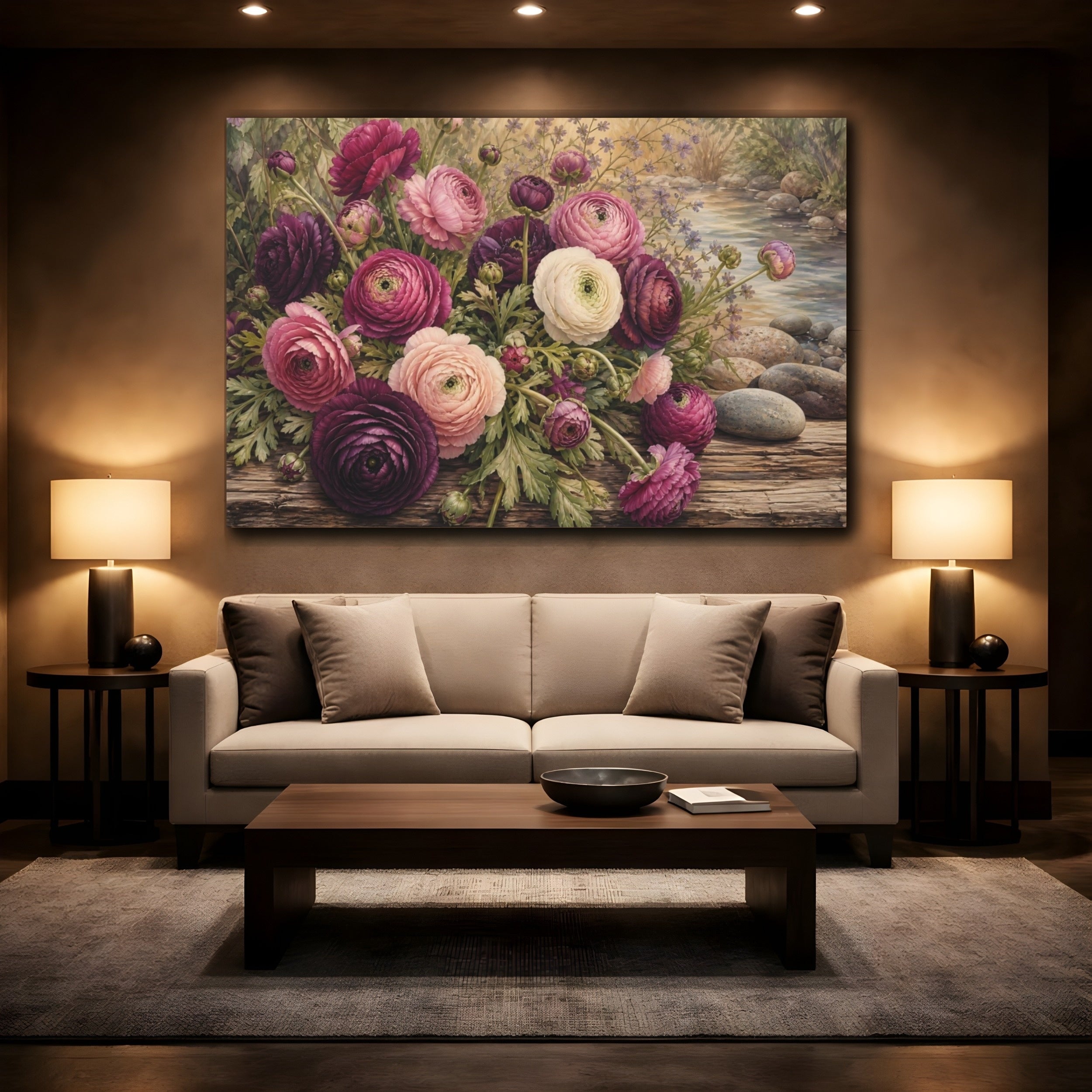 Mockup 2. Vintage Botanical Illustration Plum Ranunculus Beside River Stones On Wooden Bench shown as stretched canvas wall art