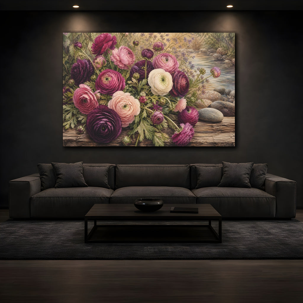 Mockup 3. Vintage Botanical Illustration Plum Ranunculus Beside River Stones On Wooden Bench shown as stretched canvas wall art