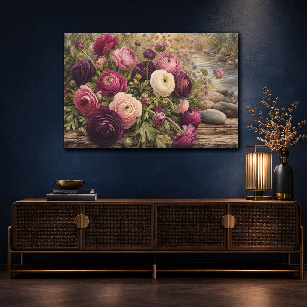 Mockup 4. Vintage Botanical Illustration Plum Ranunculus Beside River Stones On Wooden Bench shown as stretched canvas wall art