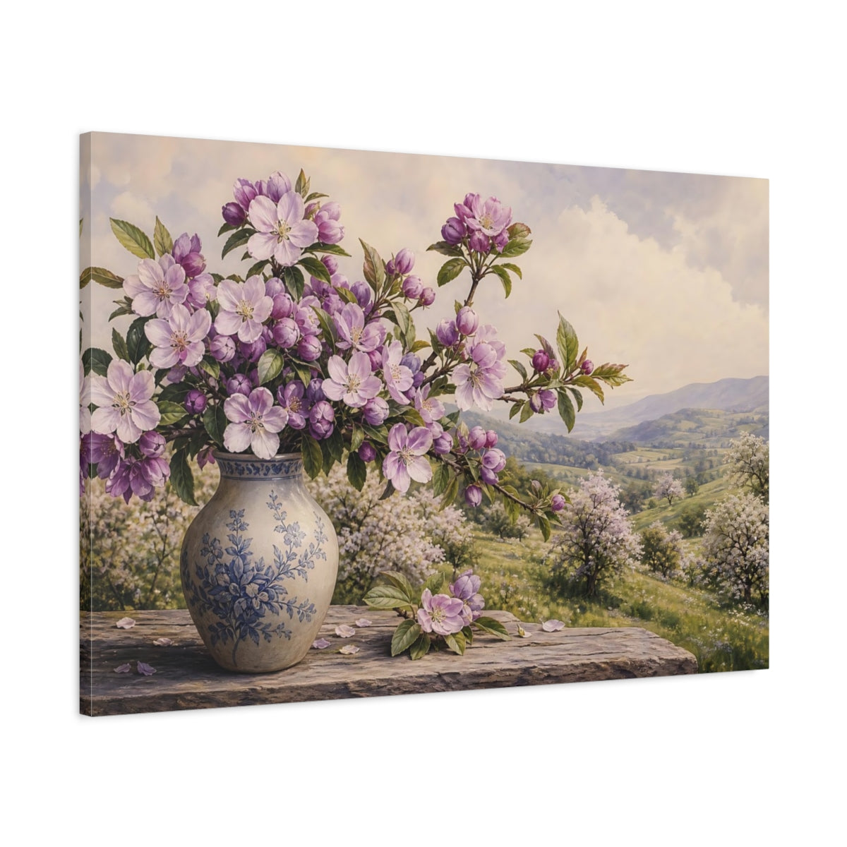 Main Mockup. Vintage Botanical Illustration Purple Apple Blossoms Against Spring Hillside shown as stretched canvas wall art