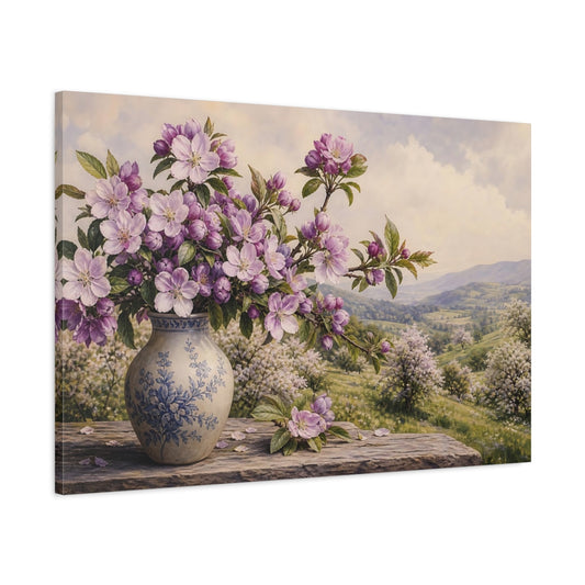 Main Mockup. Vintage Botanical Illustration Purple Apple Blossoms Against Spring Hillside shown as stretched canvas wall art