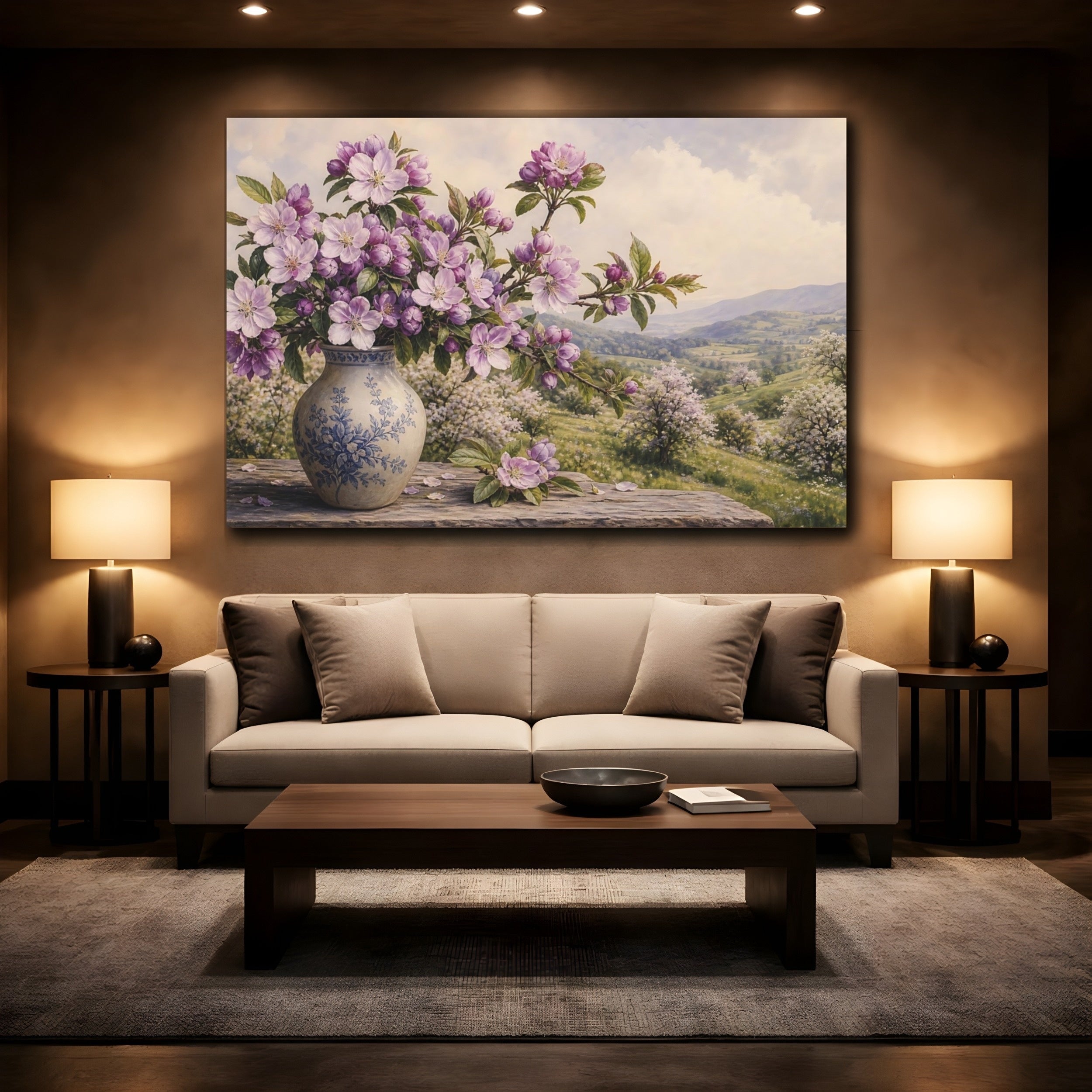 Mockup 2. Vintage Botanical Illustration Purple Apple Blossoms Against Spring Hillside shown as stretched canvas wall art