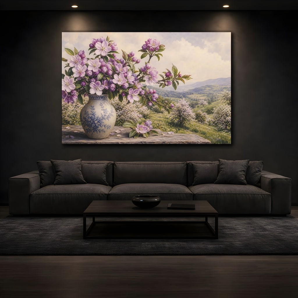 Mockup 3. Vintage Botanical Illustration Purple Apple Blossoms Against Spring Hillside shown as stretched canvas wall art