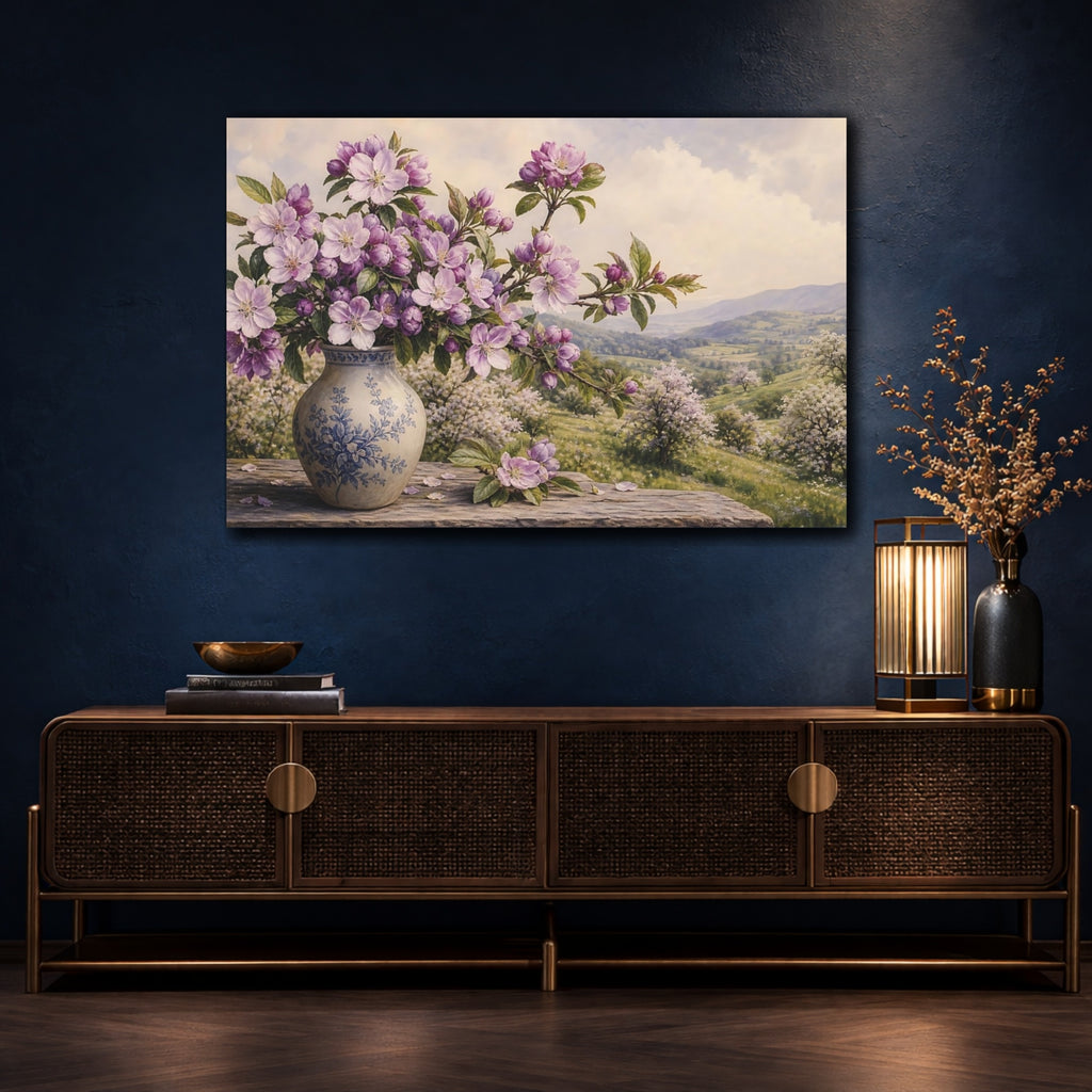 Mockup 4. Vintage Botanical Illustration Purple Apple Blossoms Against Spring Hillside shown as stretched canvas wall art