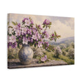 Side Mockup 4. Vintage Botanical Illustration Purple Apple Blossoms Against Spring Hillside shown as stretched canvas wall art