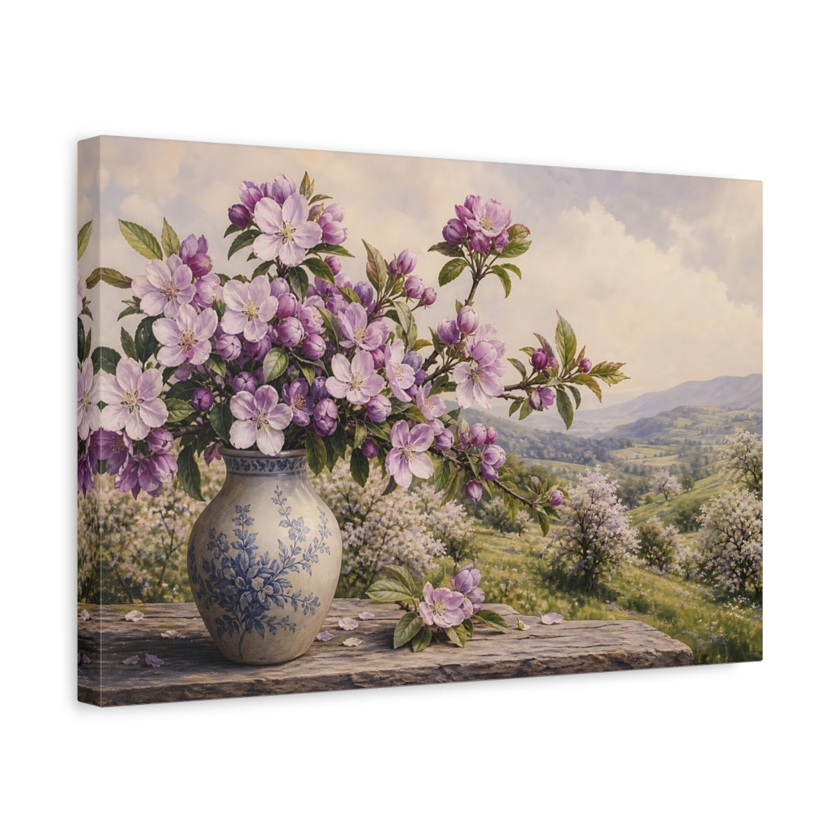 Side Mockup 4. Vintage Botanical Illustration Purple Apple Blossoms Against Spring Hillside shown as stretched canvas wall art