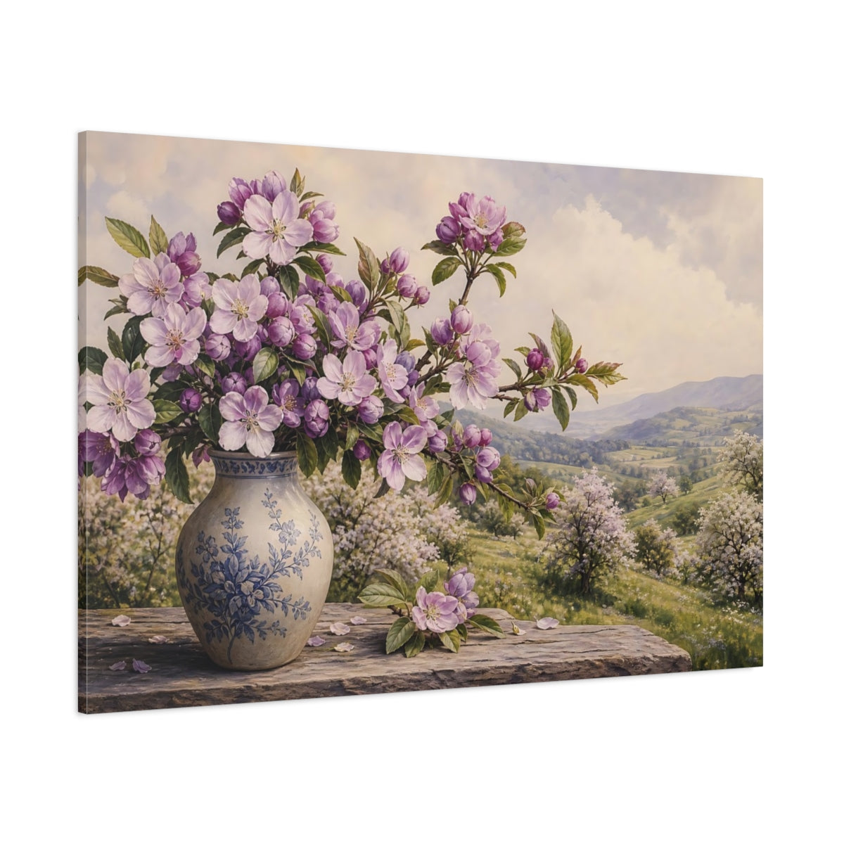 Side Mockup 1. Vintage Botanical Illustration Purple Apple Blossoms Against Spring Hillside shown as stretched canvas wall art